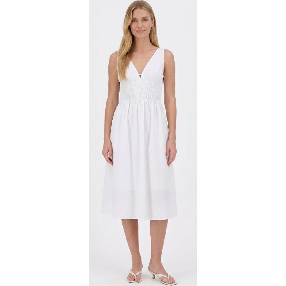 Steve Madden White Smocked Waist V-Neck Cotton Midi Dress XL NEW